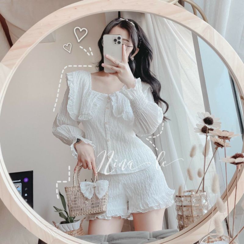 Sỉ 175💚 SET ÁO BBD TRẮNG CỔ BÈO + SHORT LAI BÈO 💚