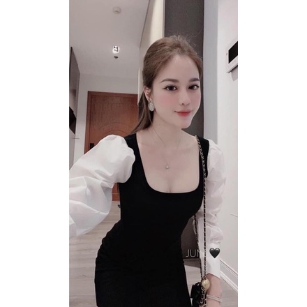 Váy body nữ sexy tay dài cổ trễ chất umi co giãn
