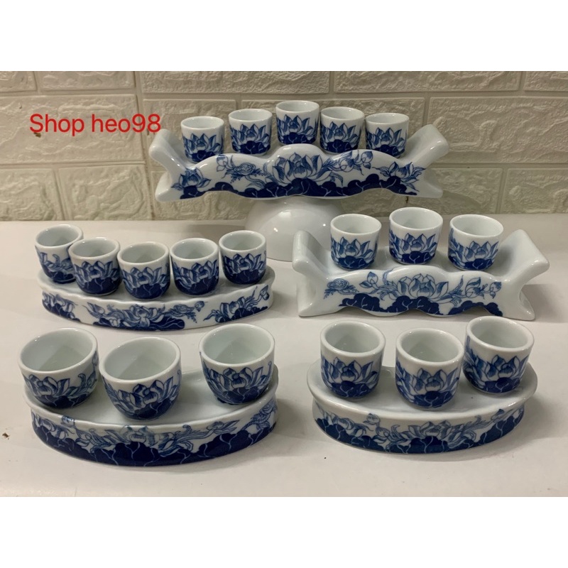 Bộ Chén Thờ Cúng Bát Tràng Hoa Sen Men Đẹp, Sứ Dày Dặn
