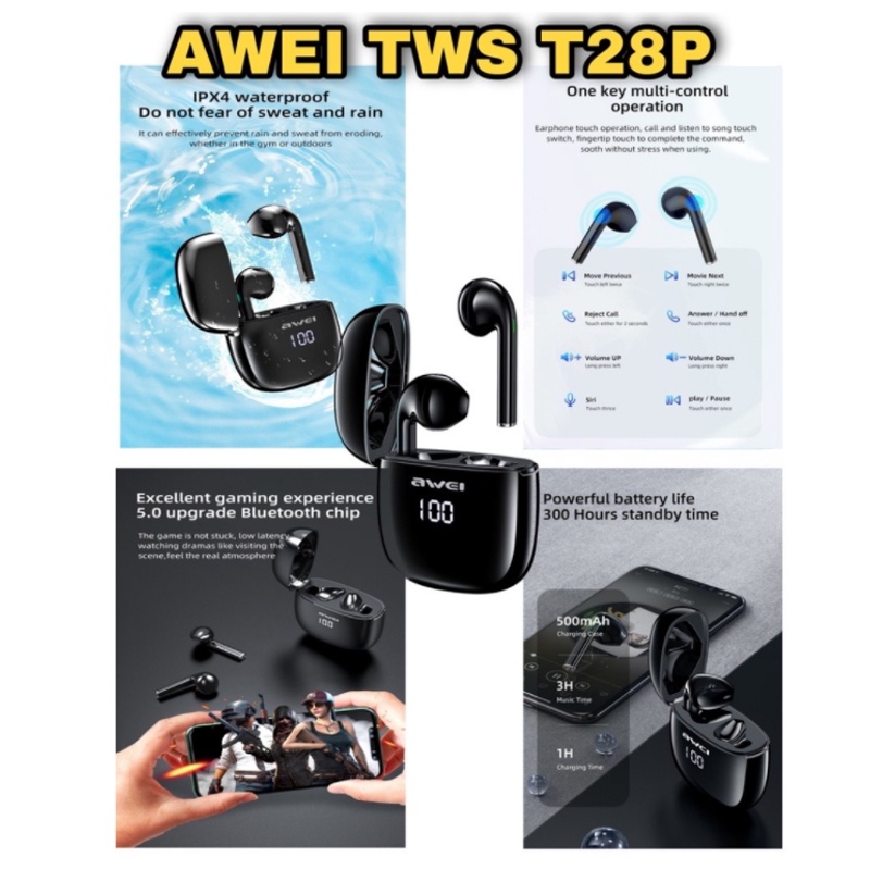 Tai Nghe Thể Thao Awei TWS Bluetooth 5.0 T36 T12P T17 T21 T28P T35 Màu Đen Chất Lượng Cao