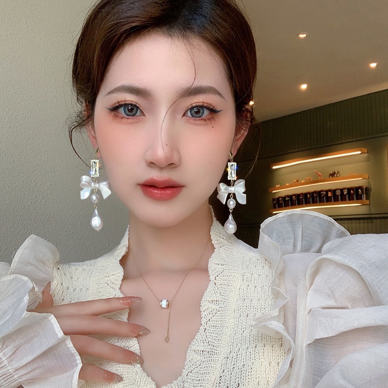 Bông Tai Mạ Bạc 925 Hình Nơ Đính Kim Cương Giả Phong Cách Hàn Quốc