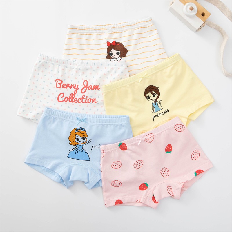 Set 5 quần chip hình công chúa cho bé gái vải cotton Áo Lá Homewear, quần lót đùi bé gái