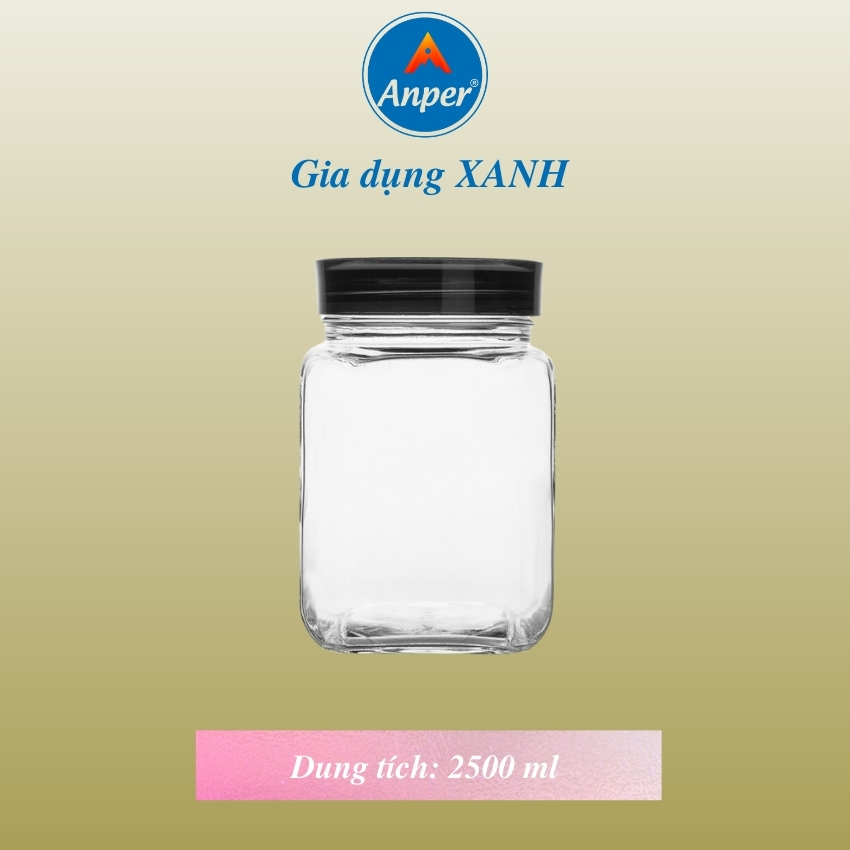 Hũ Thủy Tinh Anper 1.2L Vuông Có Nắp Cao Cấp Sang Trọng, Hộp Thủy Tinh Đựng Thực Phẩm Nắp Kín.