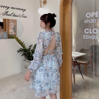 Đầm Hoa Phối Bèo Cut Out Eo Hở Lưng