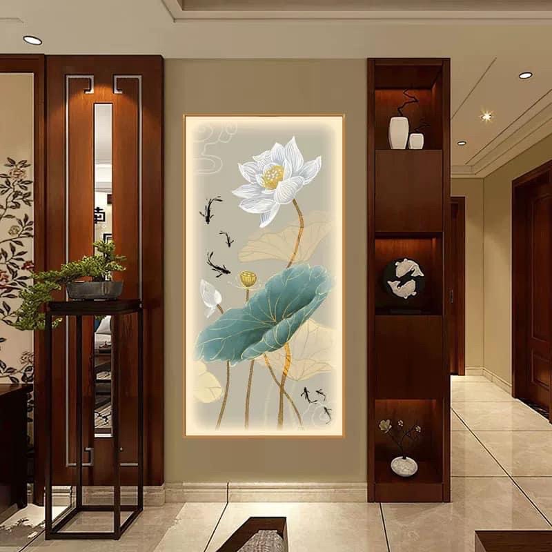CAO CẤP Khổ Lớn - Tranh treo tường Hoa Sen Canvas Tráng Gương Trang trí phòng khách, Spa, Studio, khách sạn nhà hàng