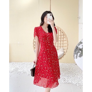 Váy thiết kế hoa đỏ cổ V