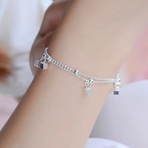 Lắc tay dây đôi bi cườm hộp vuông lập phương xi mạ bạc trắng sáng style hàn quốc hot trend mới - namimi house