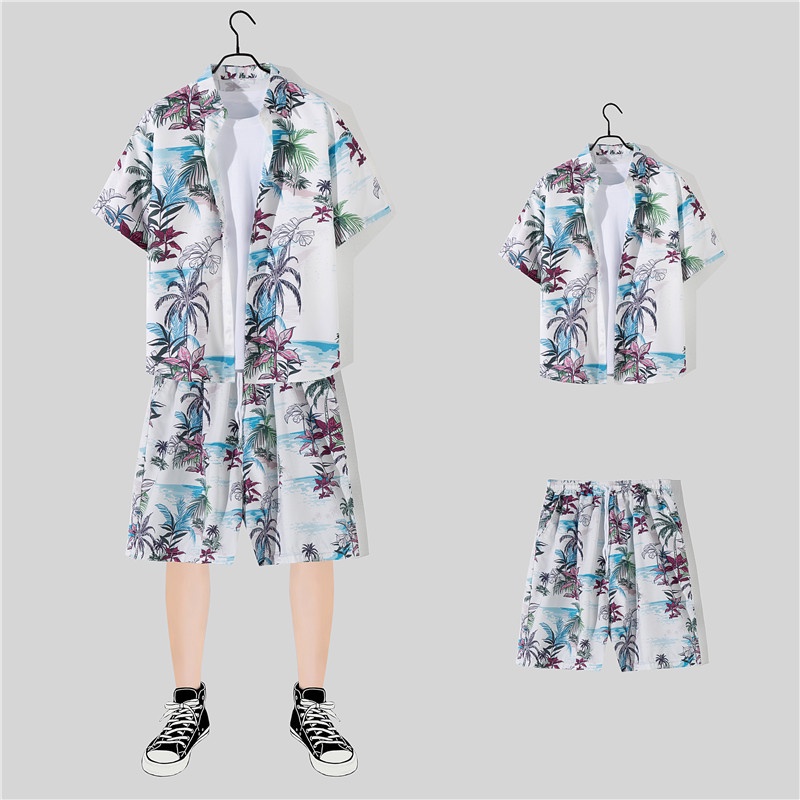 Set áo sơ mi nam ngắn tay cổ bẻ và quần short lưng cao in hình cây dừa 3D sành điệu