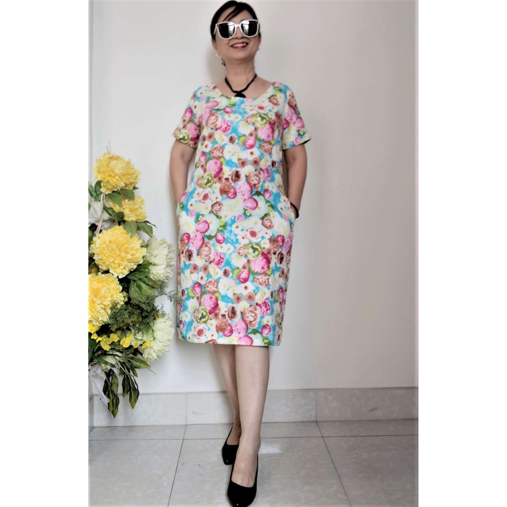 Váy Đầm Vải Cotton Linen Gân - Dáng Suông Trẻ Trung Tay Ngắn (50kg - 92kg).