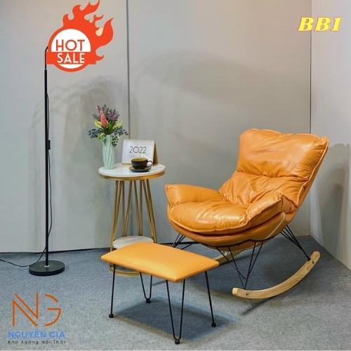 Ghế Thư Giãn Bập Bênh Chân Gỗ Khung Sắt Mặt Nệm Kèm Đôn Để Chân Chăm Sóc Sức Khỏe Chống Mệt Mỏi