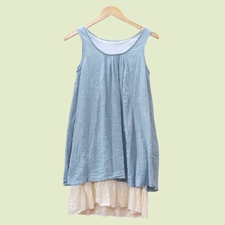 Váy xô linen màu xanh phối tầng màu kem mori vintage