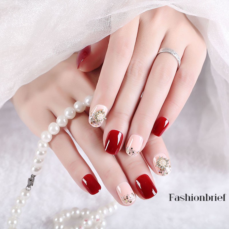 Móng Tay Giả Ngắn Màu Đỏ Rượu Vang Chống Thấm Nước Có Thể Tháo Rời Cho Nữ