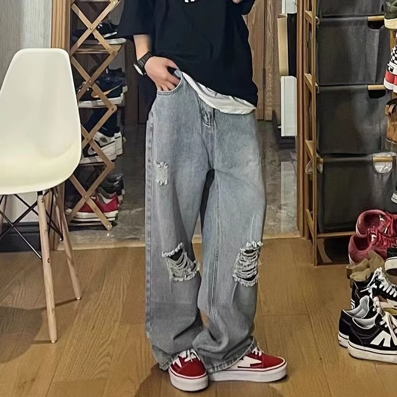Quần jeans Rách Dáng Rộng Thời Trang Hàn Quốc Dành Cho Nam Giới Size S-3XL