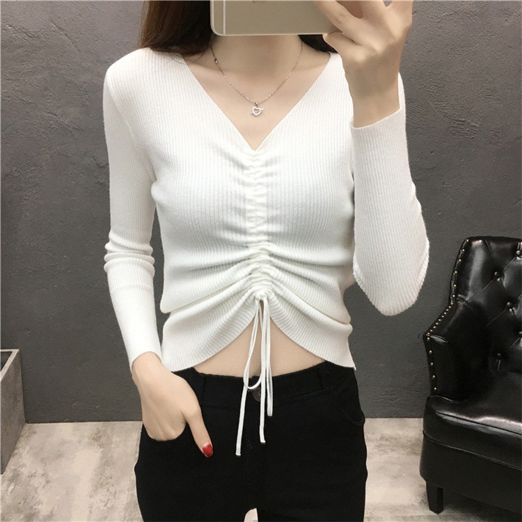 Áo len nữ cổ V có dây rút croptop trẻ trung al35