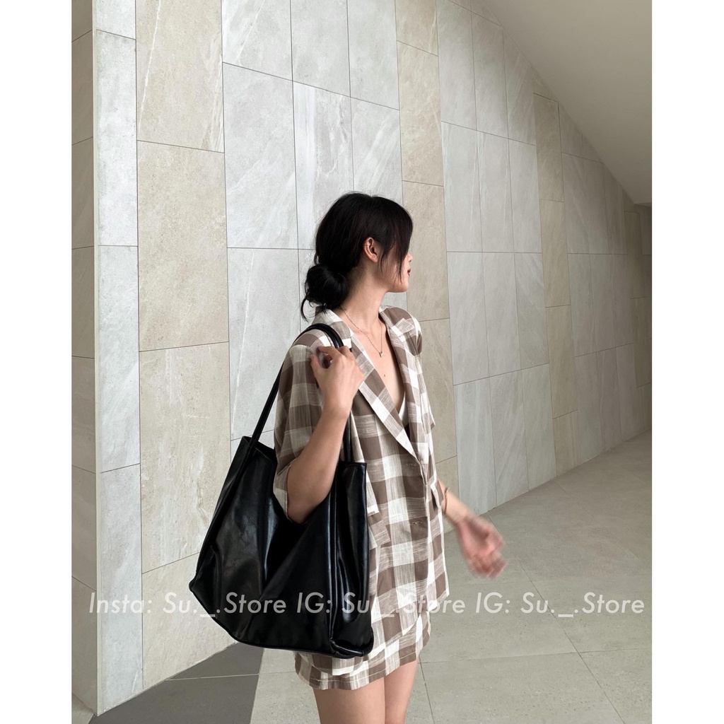 Set áo blazer kẻ ô vuông đệm vai kèm chân váy lưng chun S388 SUSTORE