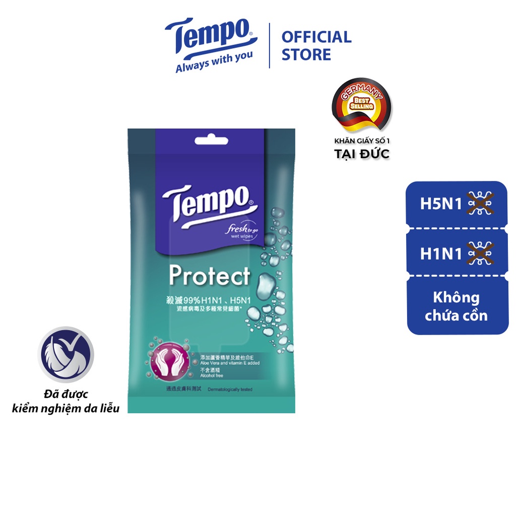 MUA 5 GÓI TẶNG 1 GÓI Khăn ướt cao cấp Tempo Wet Wipes - Diệt khuẩn 99% -