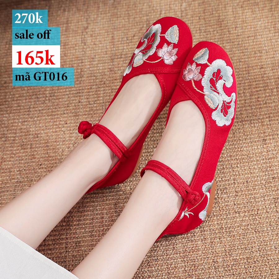 Giày thêu hoa sen đế thấp dây cài GT016