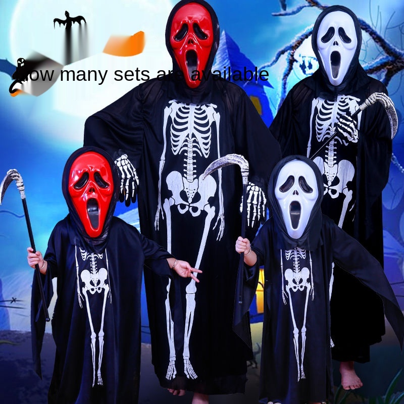 Halloween Skeleton Quần áo Lưỡi hái Mặt nạ Ác ma choàng Trẻ em Mẫu giáo Cos Dress Up Trang phục
