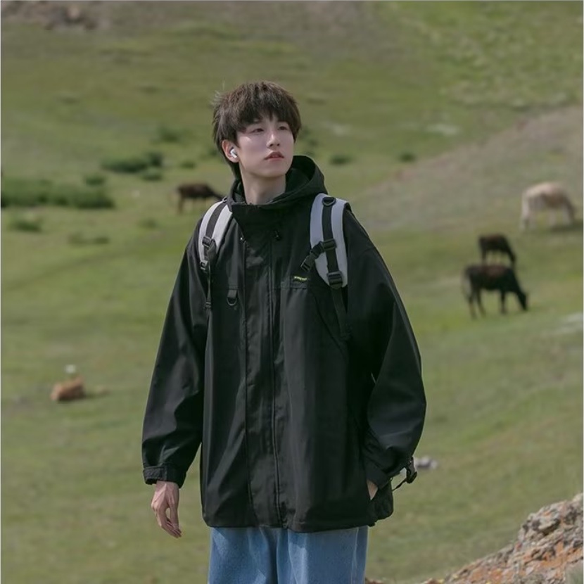 Áotrùm đầu của nam giới Hàn Quốc đồng bằng nam giới Zipper Jacket Thời trang lỏng lẻo cho nam giới và phụ nữ Không tách màu áo khoác hai lớp Casual rắn màu áo khoác dài tay