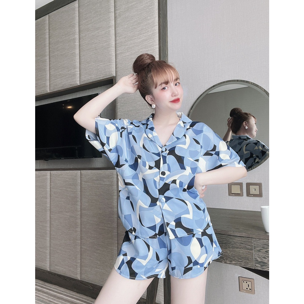 Set bộ quần short áo kiểu pizama croptop vải latin nhung dày xịn