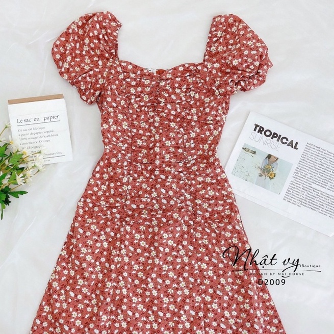 Đầm cổ vuông hoa nhí nhún eo ngực - D2009