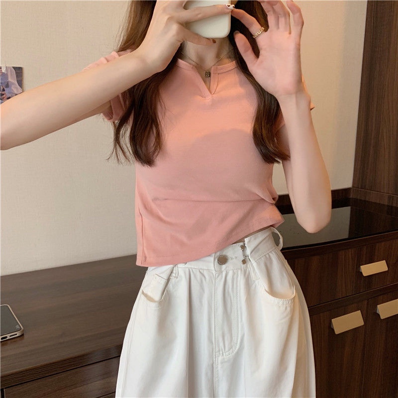 Áo Thun Nữ NgắN Tay Cổ Chữ V MàU Trơn Cho Áo phông Nữ TX-55
