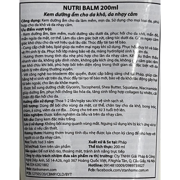 KEM DƯỠNG ẨM DÀNH CHO DA KHÔ VÀ NHẠY CẢM STANHOME NUTRI BALM
