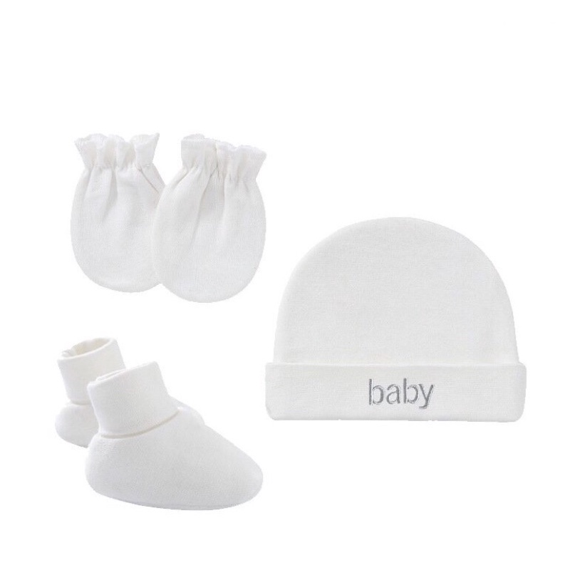 Set Mũ Bao Tay Chân Bo Chun Vải Cotton Co Dãn Màu Trơn 0-6 Tháng