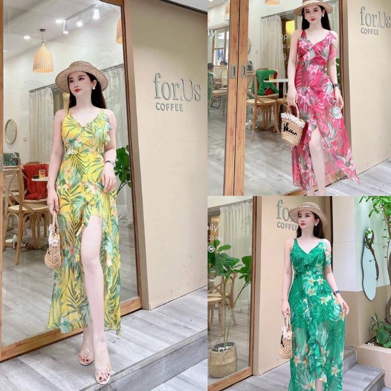 Váy maxi voan đi biển 2 lớp xẻ tà nhiều màu tôn dáng
