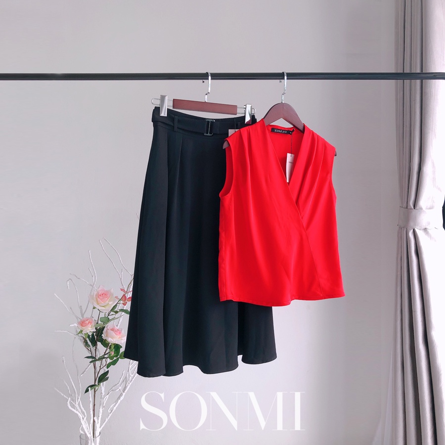 Áo Sơ Mi Nữ SONMI Hàn Quốc Cổ V Sát Nách PENNY SIENNA Lụa Ngọc Trai