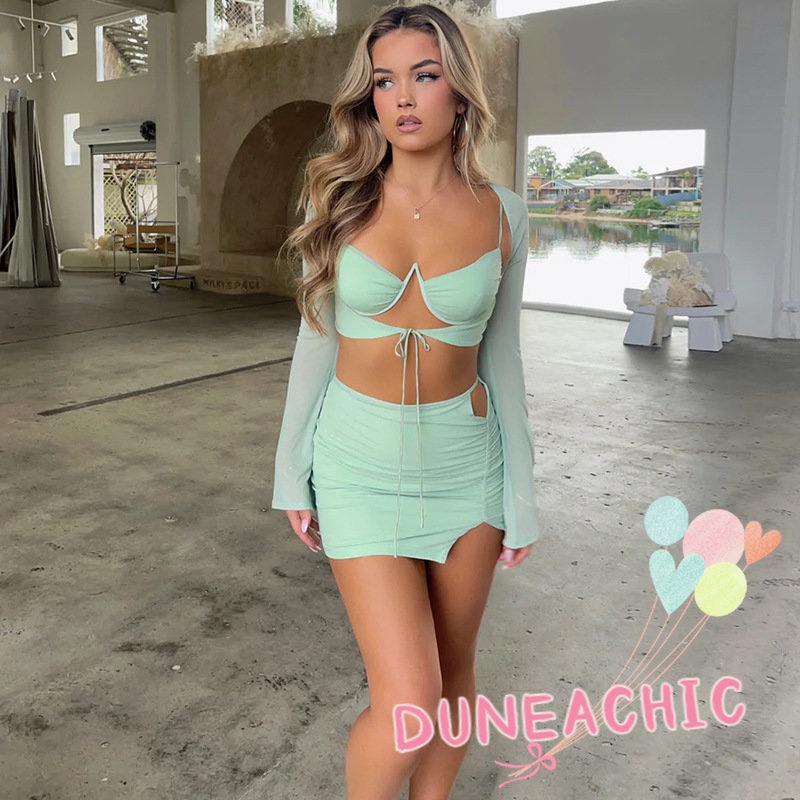 DUNEA Set đồ gồm áo croptop 2 dây và chân váy xẻ tà quyến rũ cho nữ