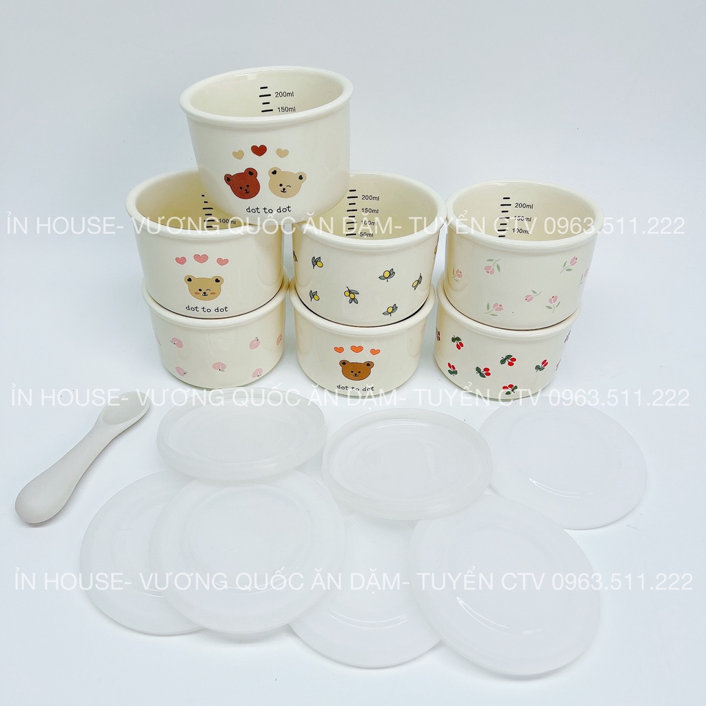 Hũ Sứ Hàn INS Trữ, Đựng Đồ Ăn Dặm,có Nắp Silicon chống rò Phong Cách Hàn Quốc 250ml, Bát Sứ Ăn Dặm In Hình Họa Tiết