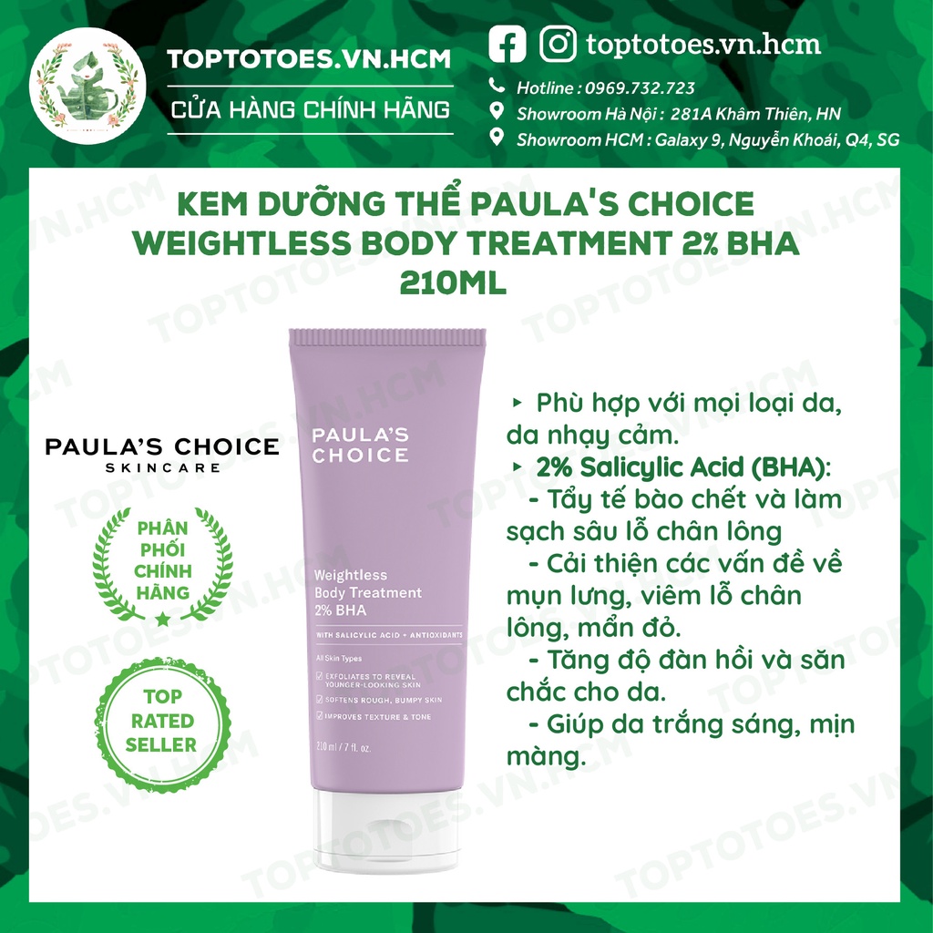 Kem dưỡng thể giảm mụn lưng Paula's Choice 2% BHA Weightless Body Treatment 210ml