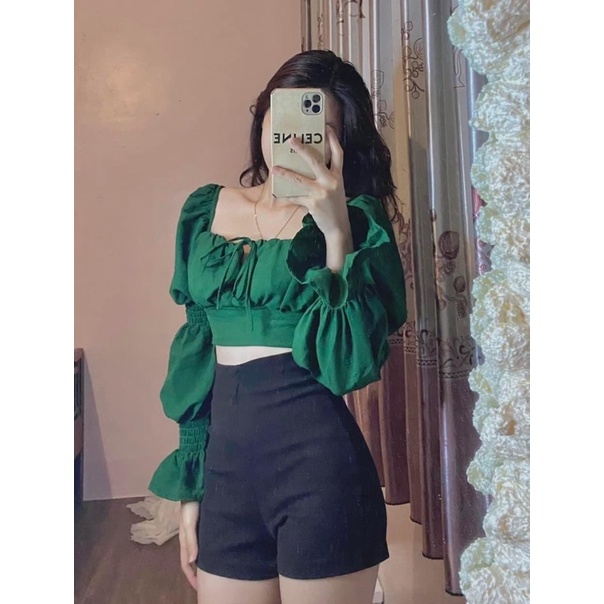 Áo Sơ Mi Cổ Vuông Chun Tay Bồng Tiểu Thư Sang Chảnh Đi Học Đi Làm Đi Chơi Màu Xanh Hottrend 2022