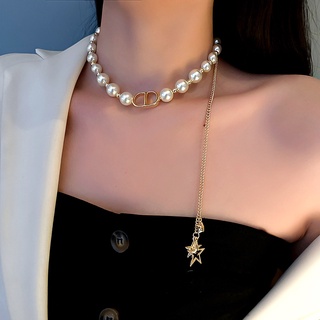 Vòng cổ choker màu đỏ mặt ngôi sao năm cánh đính ngọc trai đơn giản