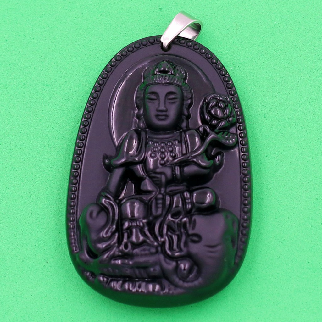 Mặt dây chuyền Bồ Tát Phổ Hiền đá tự nhiên đen 4.3cm - Phật bản mệnh tuổi Thìn, Tỵ - Tặng kèm móc inox