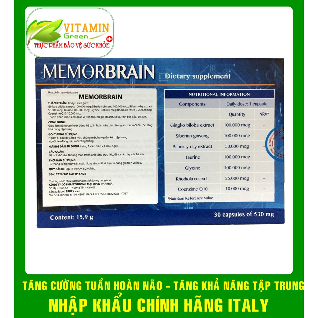 MEMORBRAIN (Ginkgo biloba, Coenzyme Q10) TĂNG CƯỜNG TUẦN HOÀN NÃO, TĂNG KHẢ NĂNG TẬP TRUNG | NHẬP KHẨU CHÍNH HÃNG ITALY