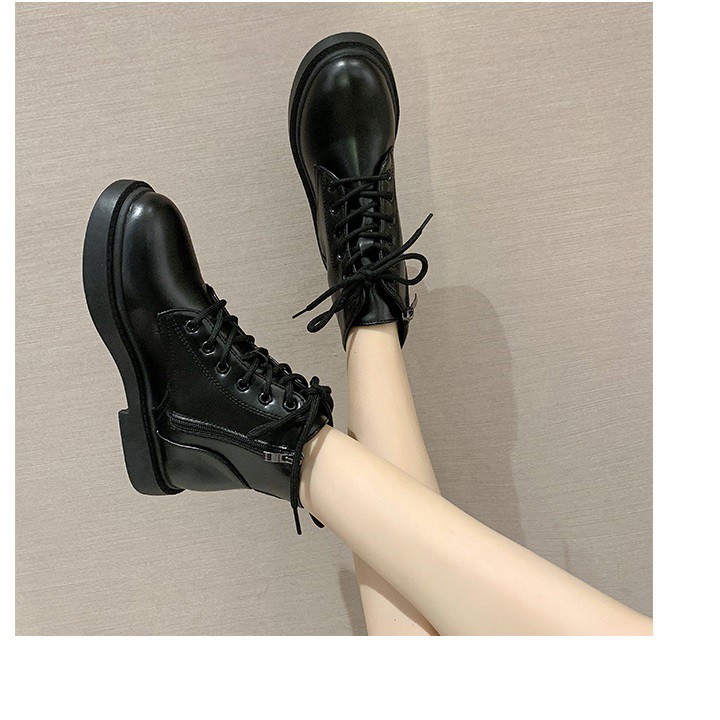 [CHẤT LƯỢNG] Giày boot đế thô 3 phân cột dây dây kéo, bốt ulzzang, bốt nữ cột dây cá tính, năng động S011