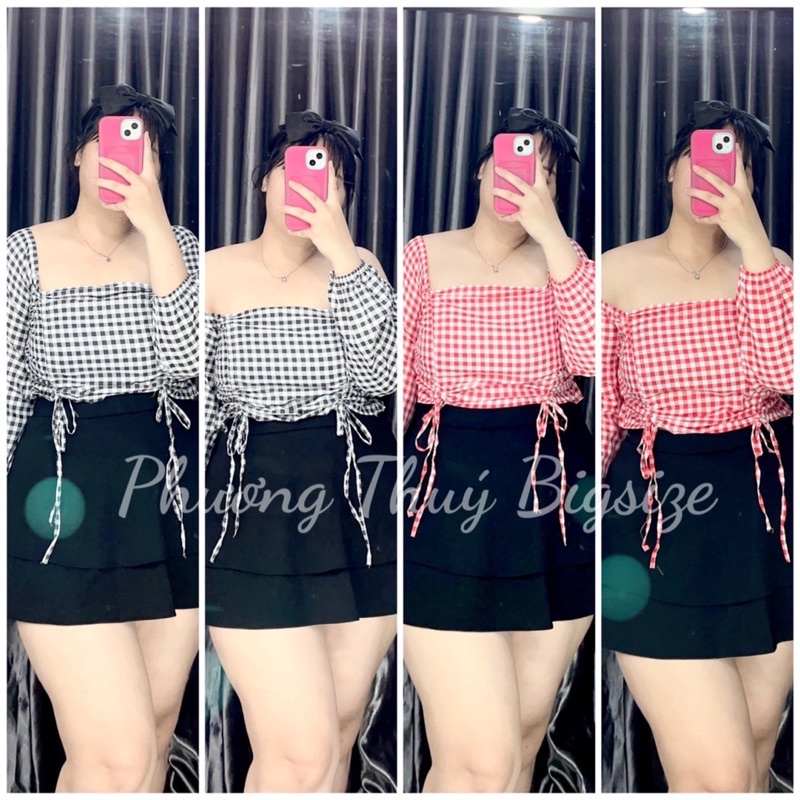 Áo caro dây rút trễ vai chất caro for nữ bigsize (ảnh mẫu chụp tại shop)