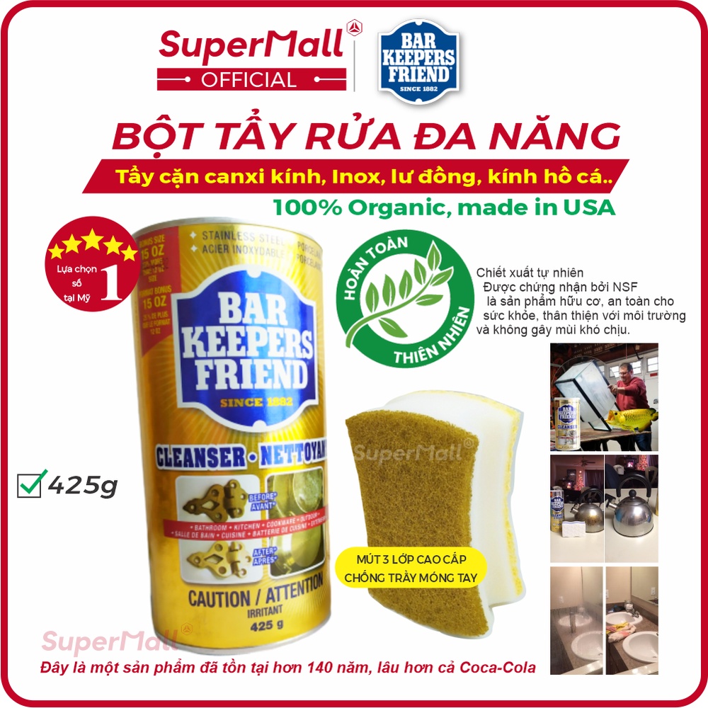[BKF + Quà] Bột tẩy rửa đa năng BKF + Mút tẩy rửa 3 lớp cao cấp | Làm sạch kính nhà tắm | Hộp 425g | Nhập khẩu USA