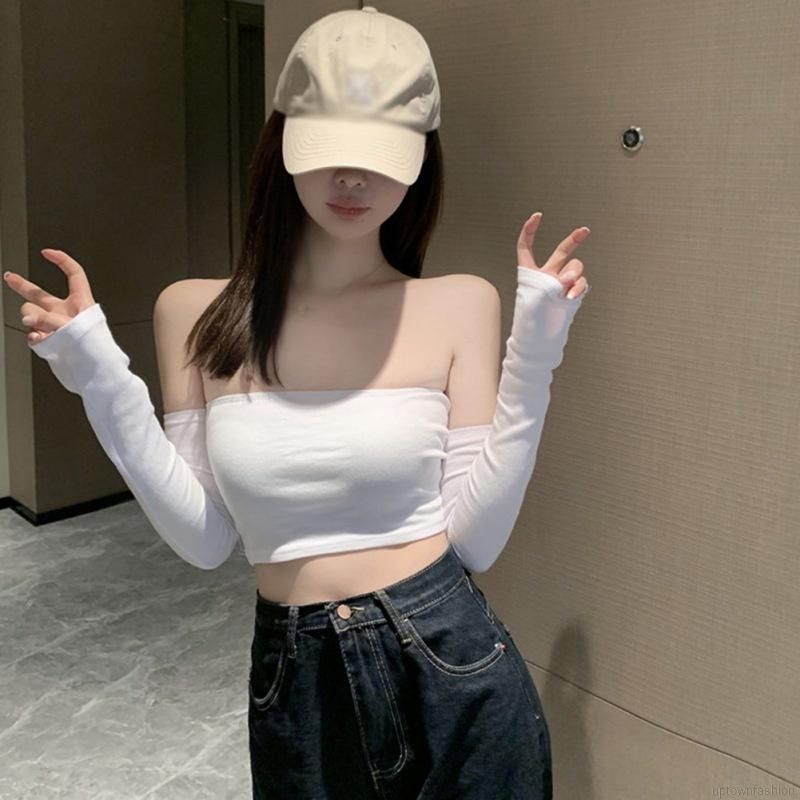 Áo croptop không tay màu trơn có gân gợi cảm cho nữ