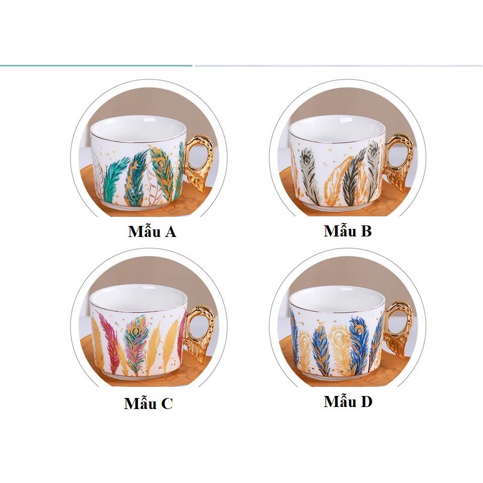 Set tách cà phê lông vũ, tách uống cà phê sứ cao cấp phong cách Châu Âu:1.5.19