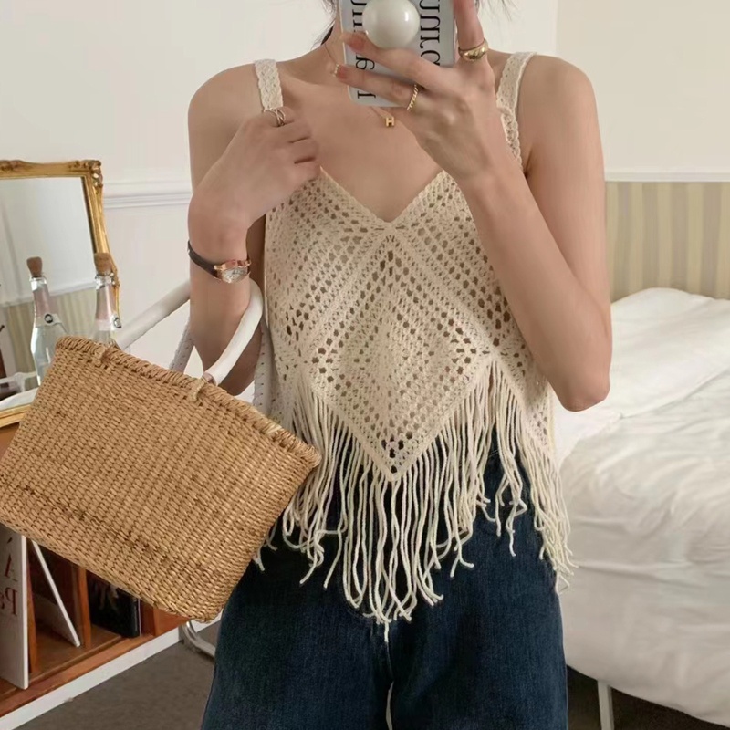 Áo Croptop Sát Nách Cổ Chữ V Dáng Rộng Phối Tua Rua Thời Trang Cho Nữ