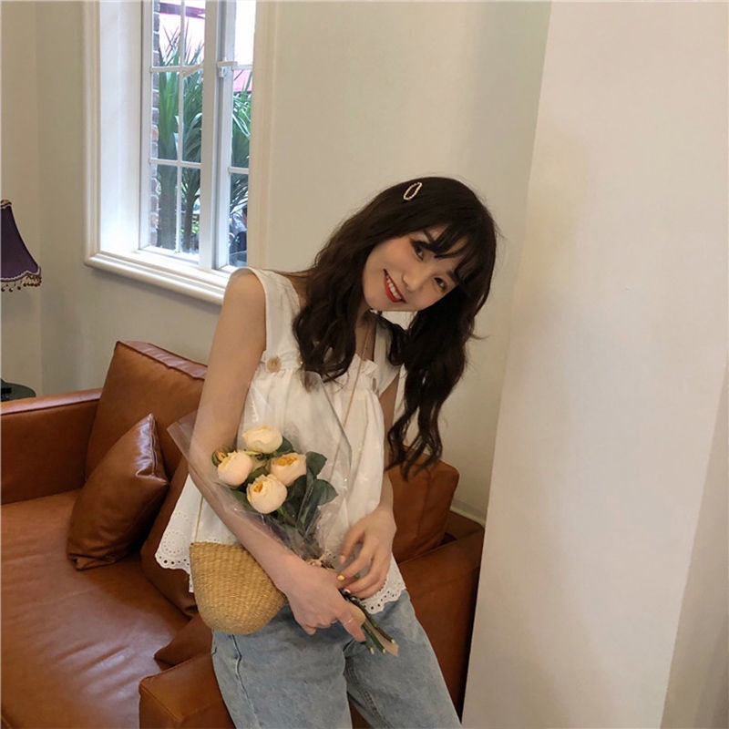 IELGY    Áo Hai Dây Mỏng Cổ Vuông Thêu Họa Tiết Thời Trang Cho Nữ