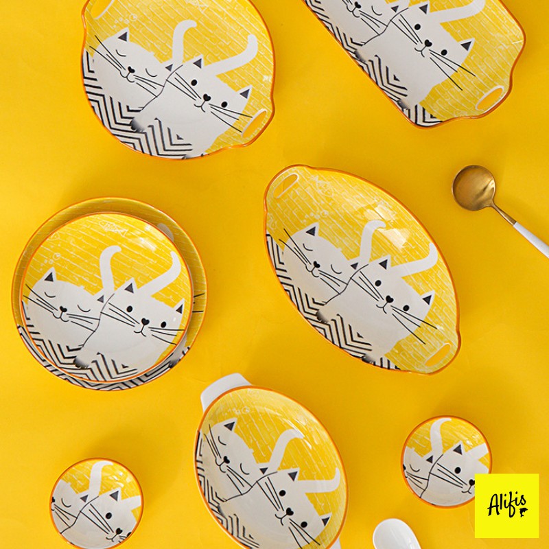 Bộ bát đĩa, bộ chén bát họa tiết mèo vàng dễ thương cho 1-2 người – phụ kiện bàn ăn và quà tặng