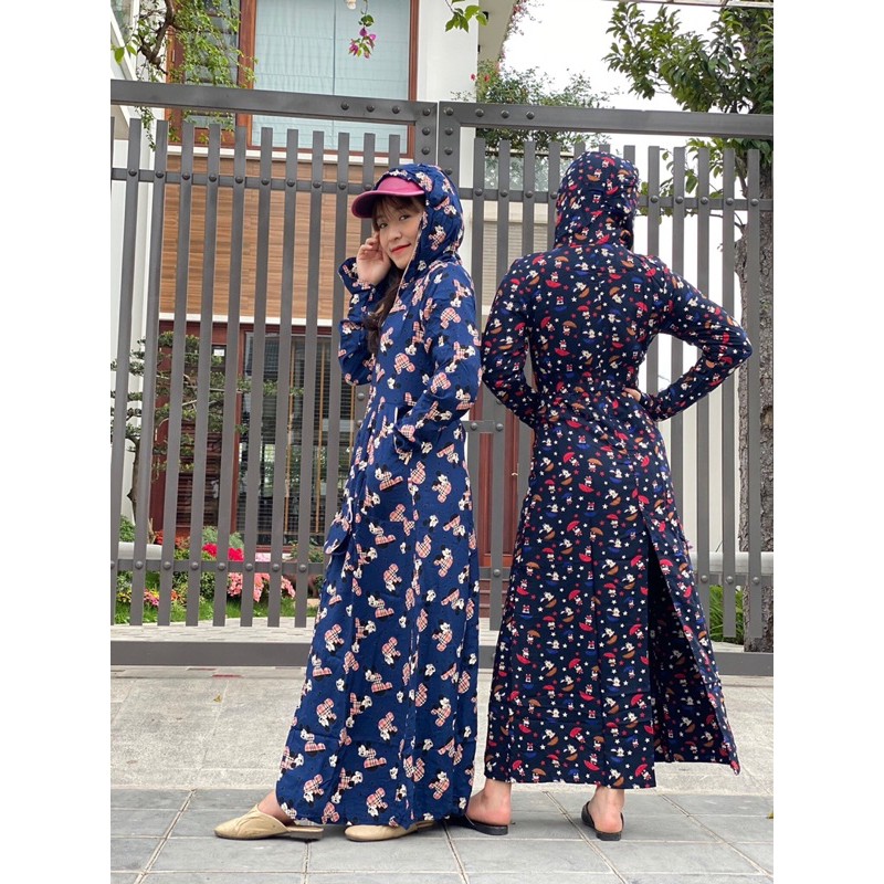 Áo chống nắng nữ toàn thân lanh nhung Nhật 2 lớp họa tiết hình dài kín chân - áo chống nắng thân dài