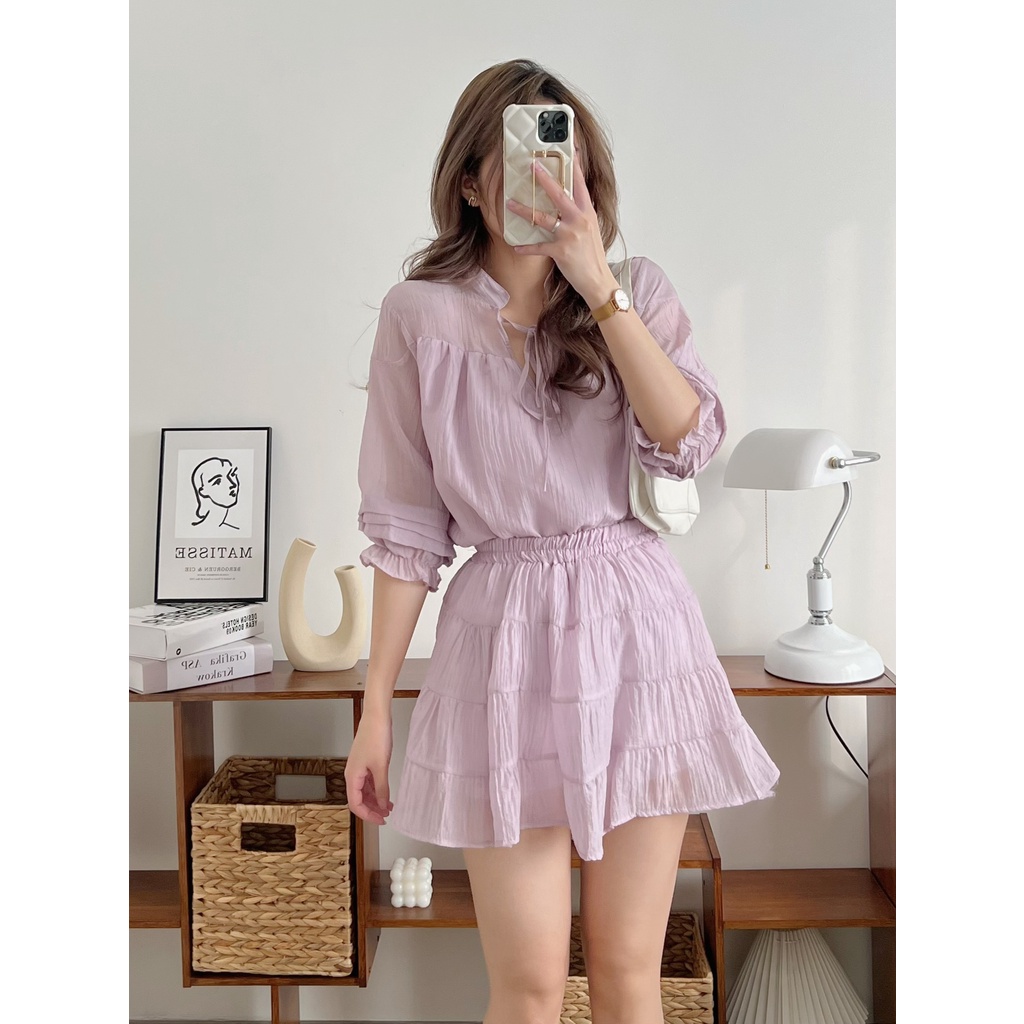 Set áo chân váy voan tơ tiểu thư Hàn Quốc, đồ bộ nữ bánh bèo siêu xinh Rubyshop94