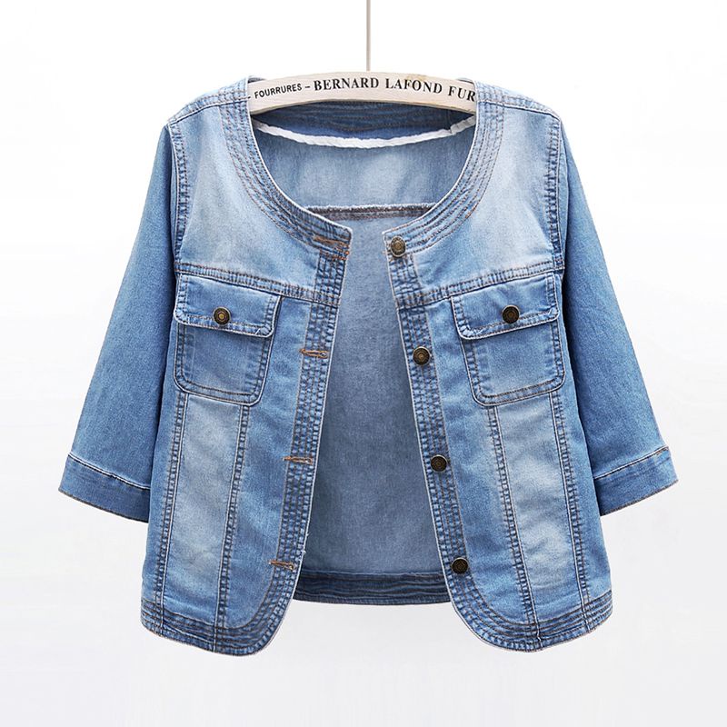Áo Khoác Denim Mỏng Mềm Tay Lửng Cổ Tròn Thời Trang Cho Nữ