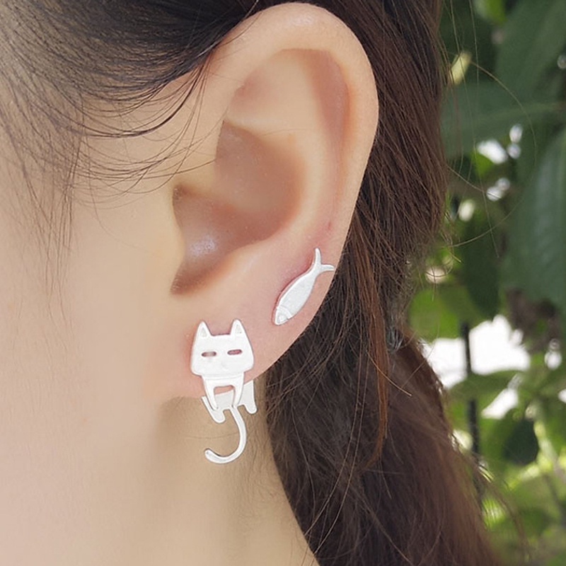 Bông tai hình mèo cá mạ bạc 952 không gây dị ứng chất lượng cao cho nữ