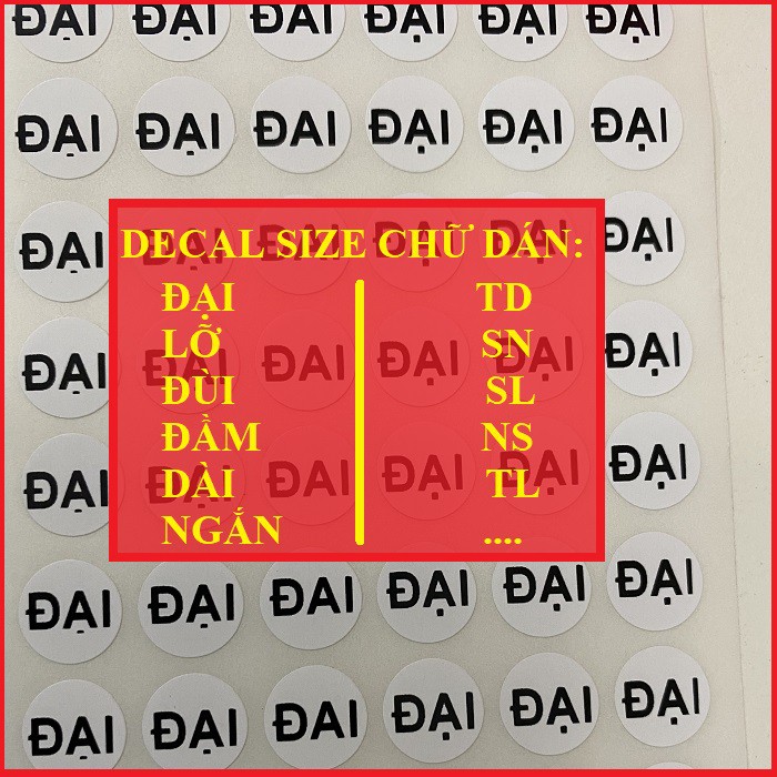 3 Tờ Decal size chữ dán quần áo đủ các kích thước size chữ ( ĐẠI - DÀI - TD - SN - LỠ - ĐẦM)